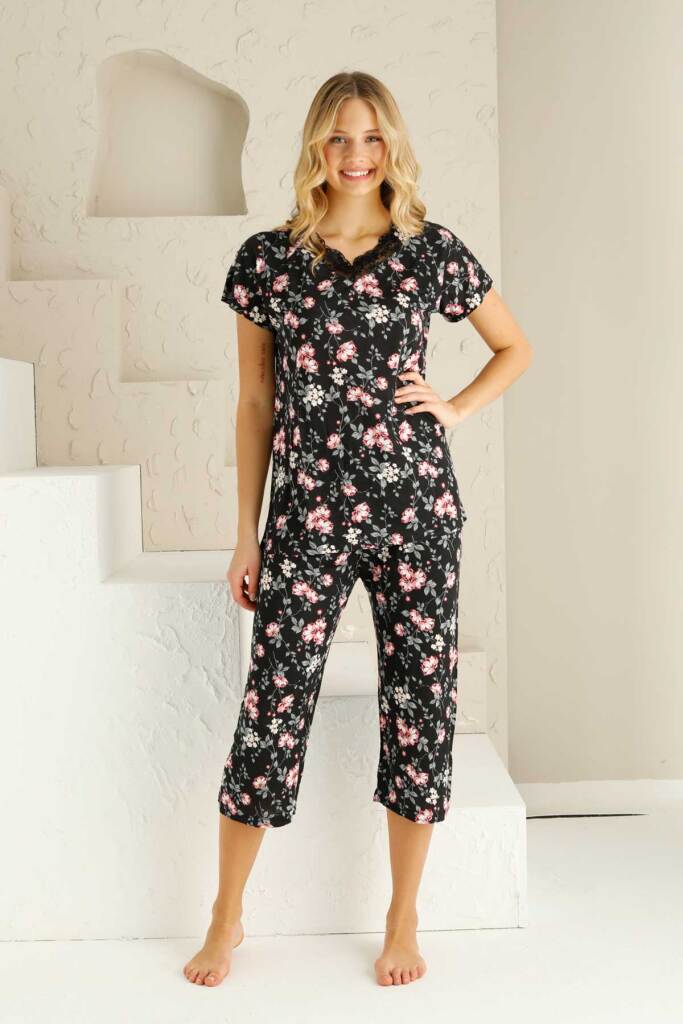 Bahar Dalı Siyah Bermuda Bayan Pijama Takımı 2735B - 1