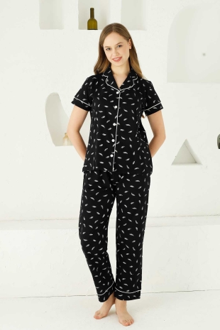 Siyah Önden Düğmeli Kısa Kollu Bayan Pijama Takımı 2732KY - Alimer