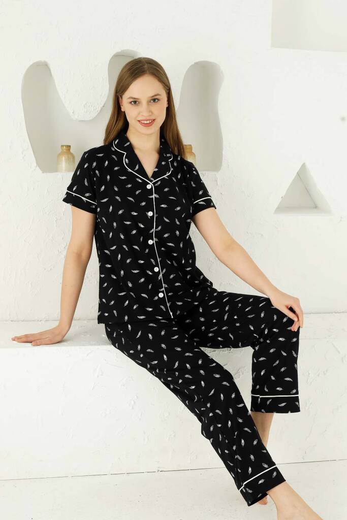 Siyah Önden Düğmeli Kısa Kollu Bayan Pijama Takımı 2732KY - 2