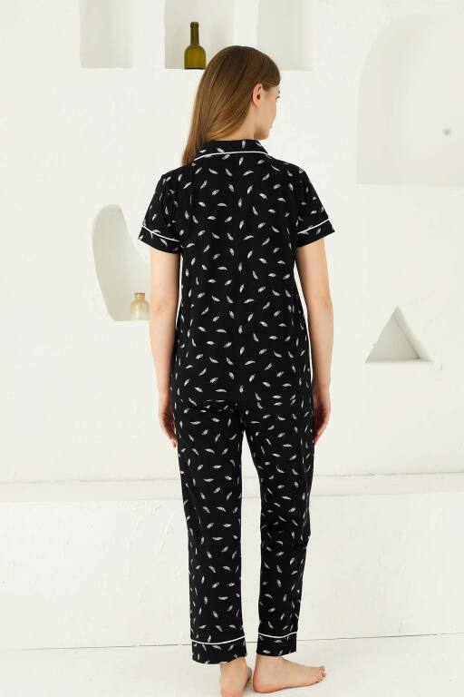 Siyah Önden Düğmeli Kısa Kollu Bayan Pijama Takımı 2732KY - 4