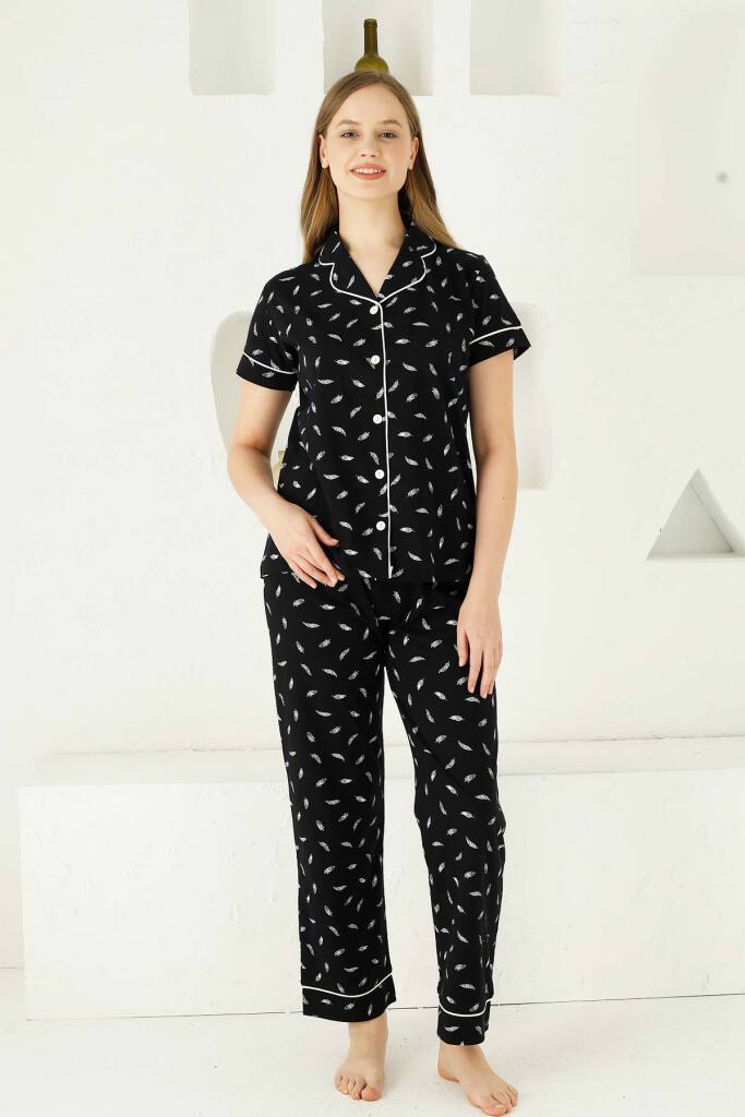 Siyah Önden Düğmeli Kısa Kollu Bayan Pijama Takımı 2732KY - 1