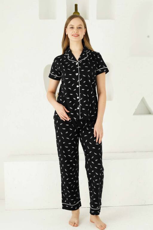 Siyah Önden Düğmeli Kısa Kollu Bayan Pijama Takımı 2732KY - Alimer