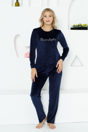 Kadife Kadın Pijama Takımı - Moonlight İthal Kadife Lacivert Cepli 2763UK - 1