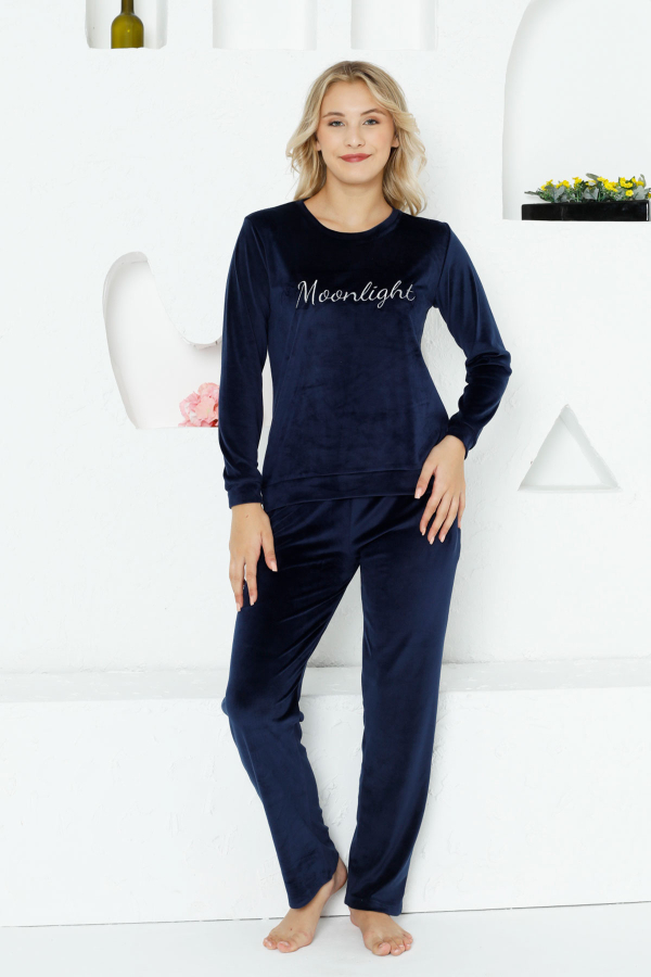 Kadife Kadın Pijama Takımı - Moonlight İthal Kadife Lacivert Cepli 2763UK - 1