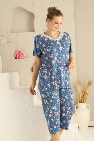 BATTAL Beden İndigo Çiçekli Bermuda Bayan Pijama Takımı 2709BB - 2