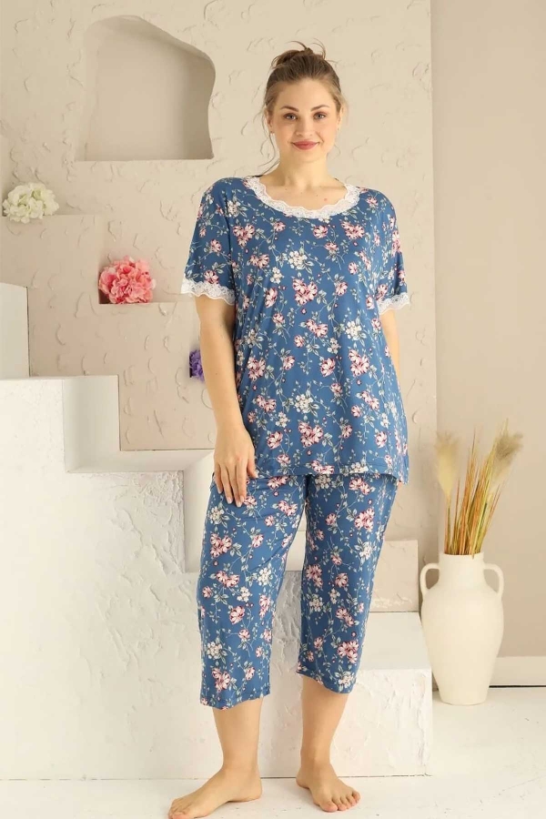 BATTAL Beden İndigo Çiçekli Bermuda Bayan Pijama Takımı 2709BB - 1