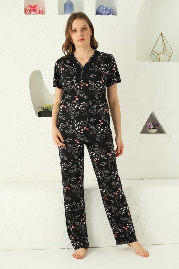 Siyah Çiçek Desenli Kısa Kollu Pijama Takımı 2737KY - 1