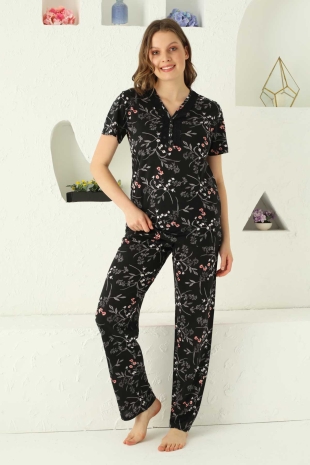 Siyah Çiçek Desenli Kısa Kollu Pijama Takımı 2737KY - 2