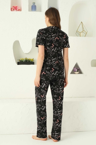 Siyah Çiçek Desenli Kısa Kollu Pijama Takımı 2737KY - 3
