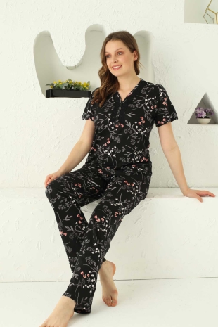 Siyah Çiçek Desenli Kısa Kollu Pijama Takımı 2737KY - 4