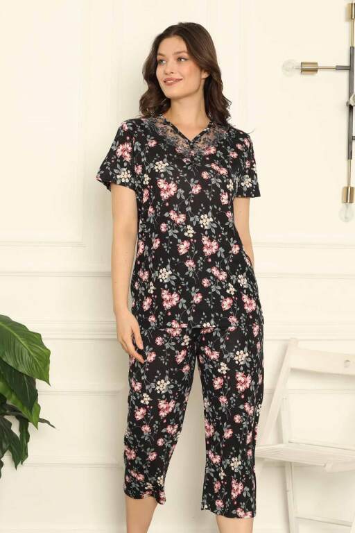 Bahar Dalı Siyah Bermuda Bayan Pijama Takımı 2708B - Alimer