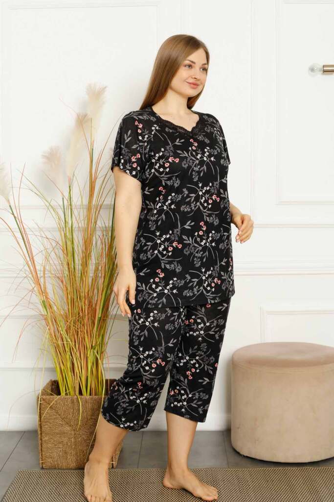 Büyük Beden Bahar Dalı Bermuda Bayan Pijama Takımı 2707BB - 2
