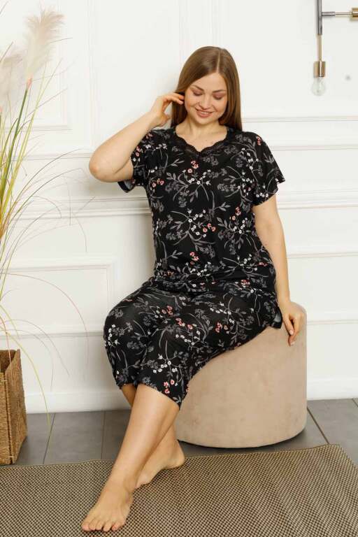 Büyük Beden Bahar Dalı Bermuda Bayan Pijama Takımı 2707BB - 3