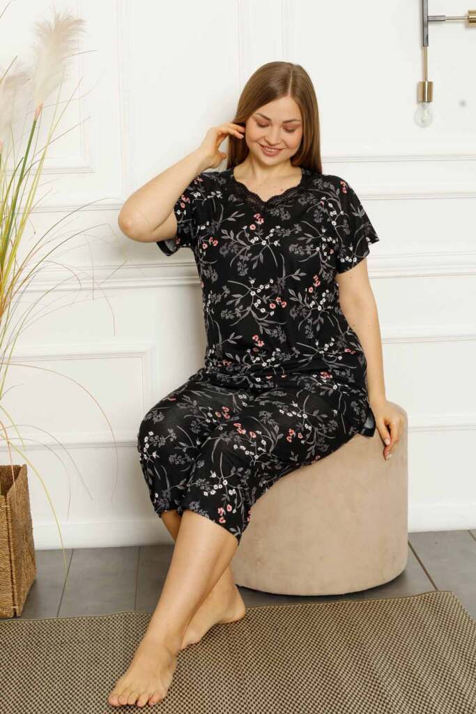 Büyük Beden Bahar Dalı Bermuda Bayan Pijama Takımı 2707BB - 3