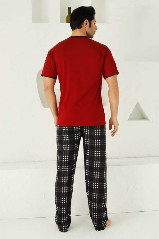 Bordo Ekoseli Kısa Kollu Erkek Pijama Takımı 1192KY - 4
