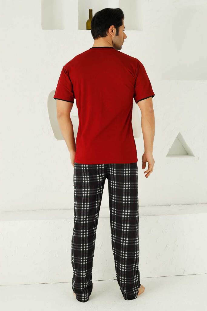 Bordo Ekoseli Kısa Kollu Erkek Pijama Takımı 1192KY - 4