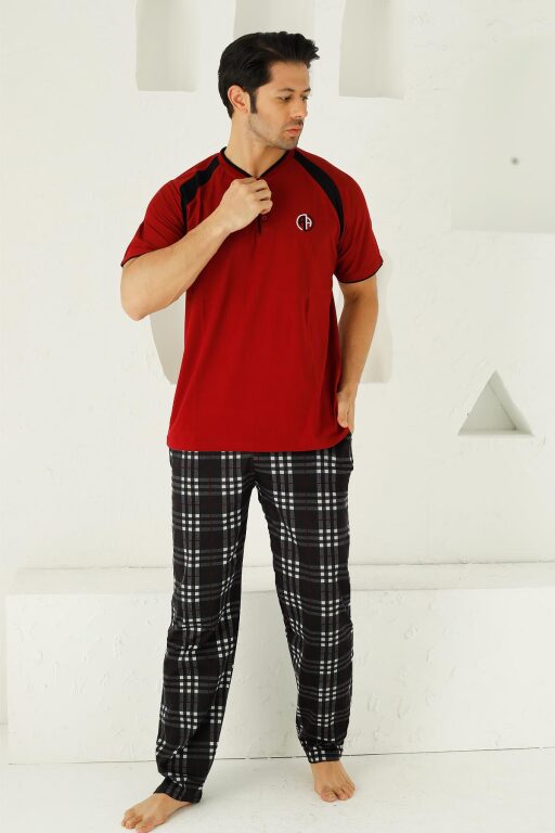 Bordo Ekoseli Kısa Kollu Erkek Pijama Takımı 1192KY - Alimer (1)
