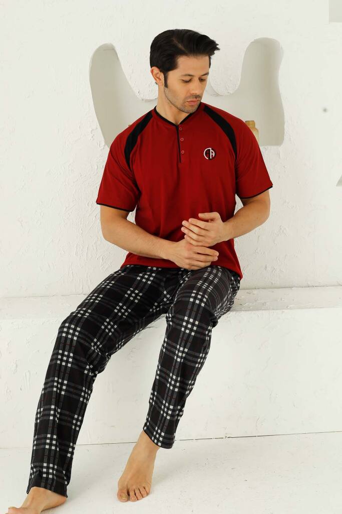 Bordo Ekoseli Kısa Kollu Erkek Pijama Takımı 1192KY - 3