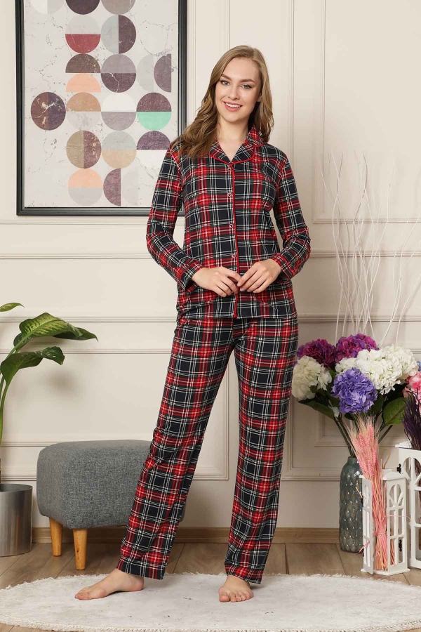 Kareli Önden Düğmeli Uzun Kollu Bayan Pijama Takımı 2523UY - 1