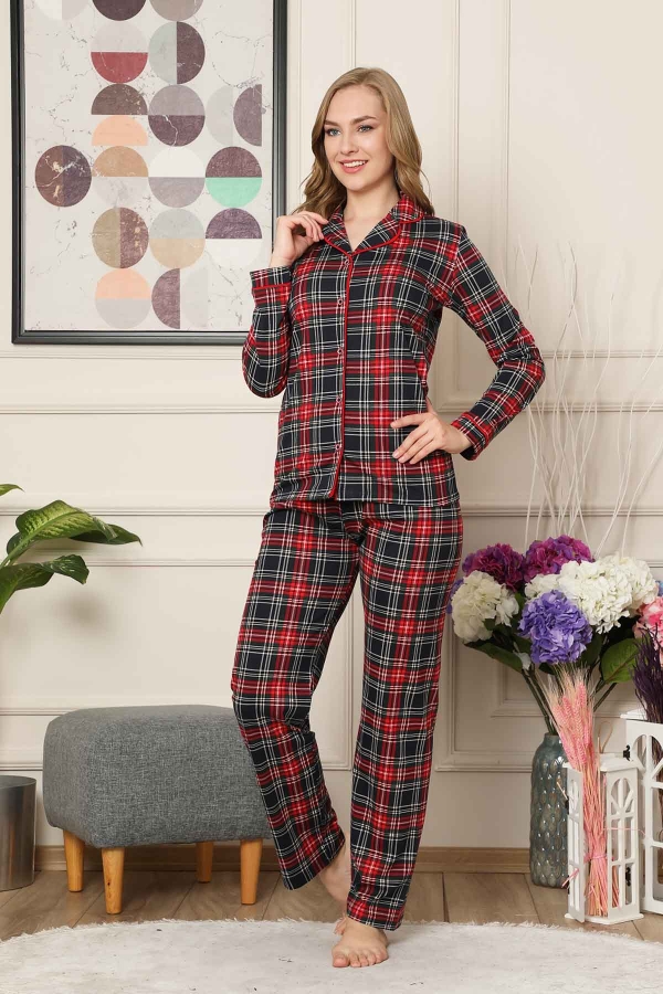 Kareli Önden Düğmeli Uzun Kollu Bayan Pijama Takımı 2523UY - 5