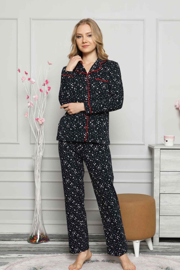 Yıldız Desenli Önden Düğmeli Uzun Kollu Bayan Pijama Takımı 2536UY - 1