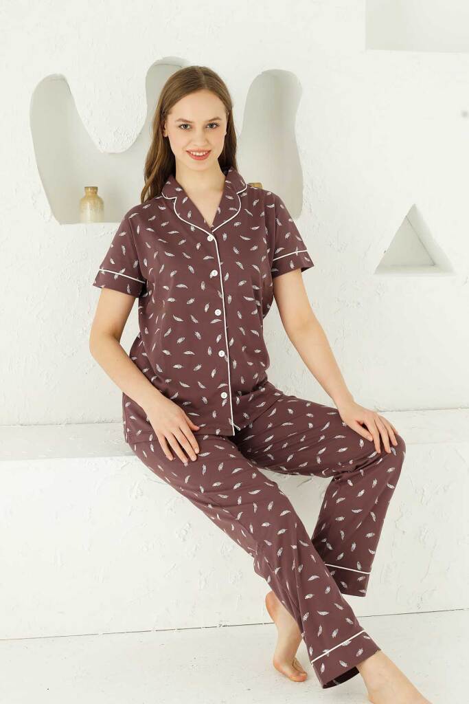 Mürdüm Önden Düğmeli Kısa Kollu Bayan Pijama Takımı 2732KY - 2