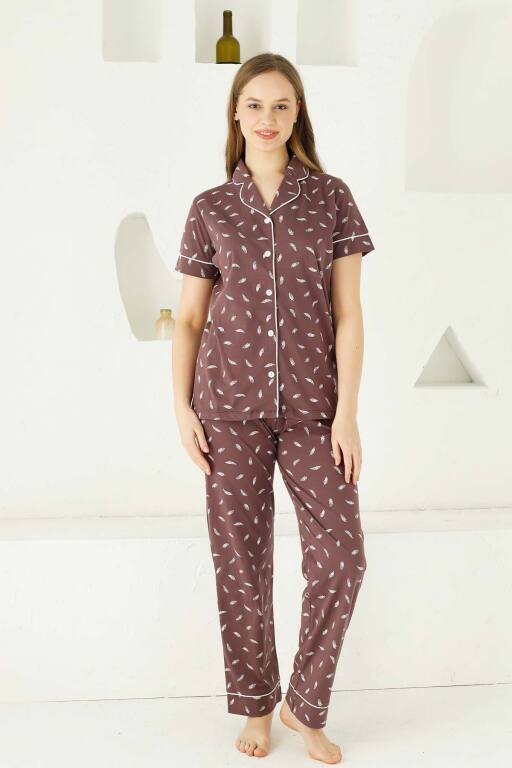 Mürdüm Önden Düğmeli Kısa Kollu Bayan Pijama Takımı 2732KY - Alimer