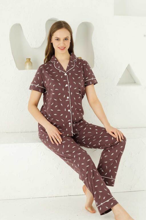 Mürdüm Önden Düğmeli Kısa Kollu Bayan Pijama Takımı 2732KY - Alimer (1)