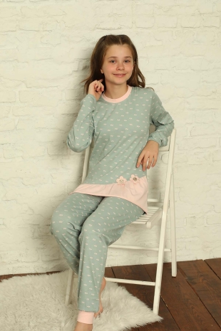 Yeşil Uzun Kollu Likralı Penye Çocuk Pijama Takımı 5169UKL - 2