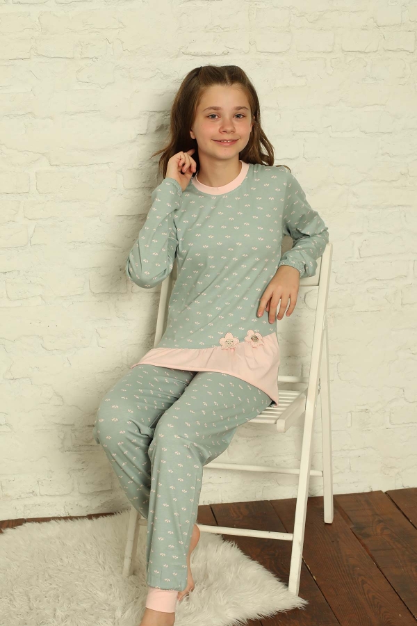 Yeşil Uzun Kollu Likralı Penye Çocuk Pijama Takımı 5169UKL - 2