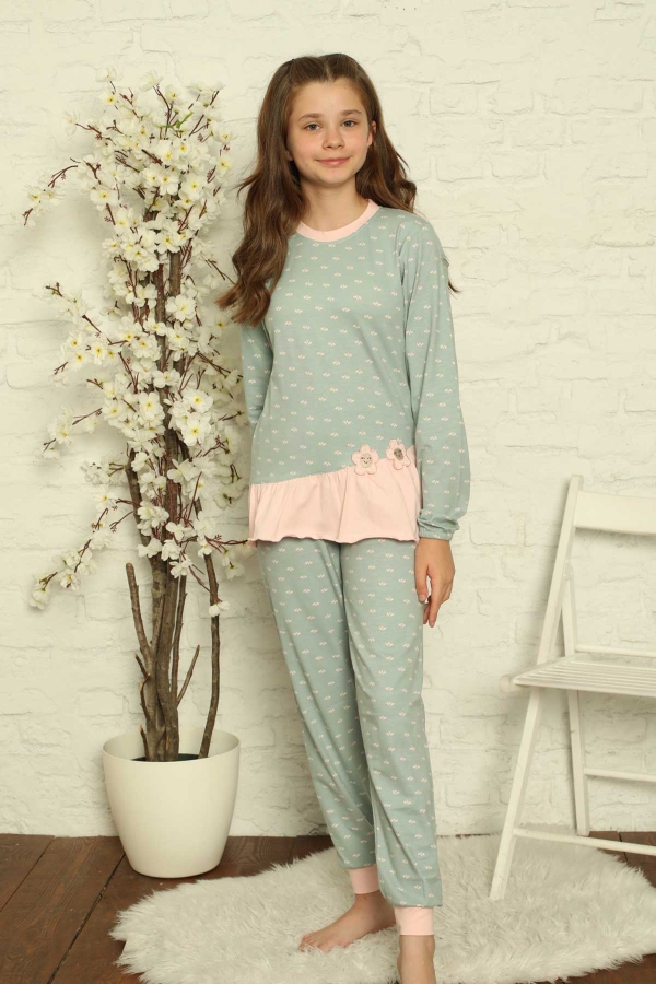 Yeşil Uzun Kollu Likralı Penye Çocuk Pijama Takımı 5169UKL - 3