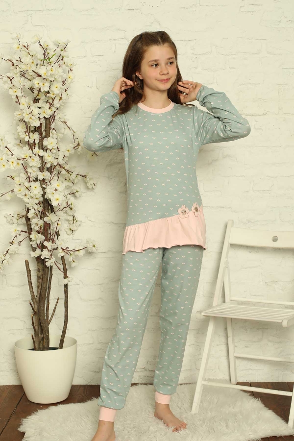 Yeşil Uzun Kollu Likralı Penye Çocuk Pijama Takımı 5169UKL - 1