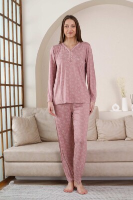 Uzun Kollu Bayan Pijama Takımı - Gülkurusu Çiçek Desen Likralı Viskon 2851UY - Alimer