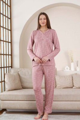 Uzun Kollu Bayan Pijama Takımı - Gülkurusu Çiçek Desen Likralı Viskon 2851UY - Alimer (1)