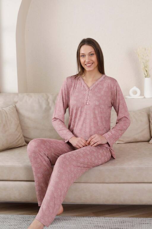 Uzun Kollu Bayan Pijama Takımı - Gülkurusu Çiçek Desen Likralı Viskon 2851UY - Alimer (1)