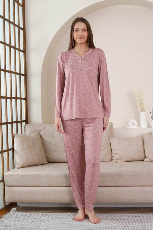 Uzun Kollu Bayan Pijama Takımı - Gülkurusu Çiçek Desen Likralı Viskon 2851UY - Alimer