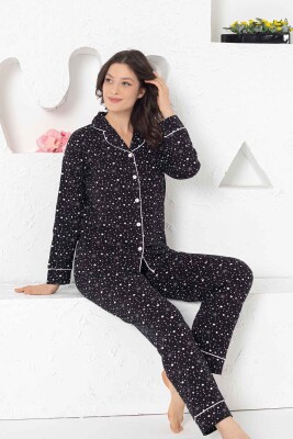 Siyah Likralı Önden Düğmeli Uzun Kollu Bayan Pijama Takımı 2769UKL - 3