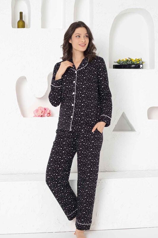 Siyah Likralı Önden Düğmeli Uzun Kollu Bayan Pijama Takımı 2769UKL - 1
