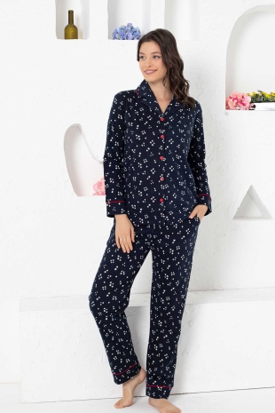 Yıldız Desenli Önden Düğmeli Uzun Kollu Bayan Pijama Takımı 2758UK - 1