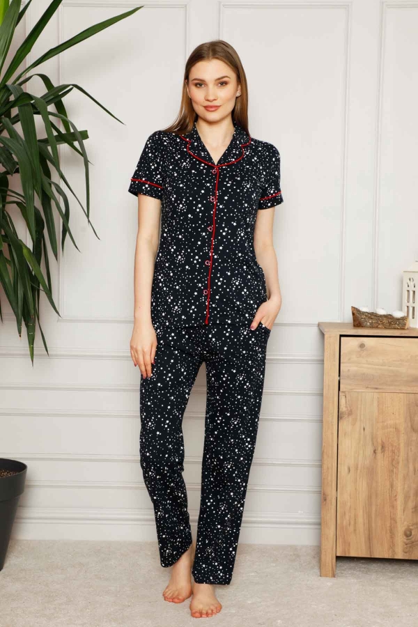 Yıldız Desenli Önden Düğmeli Kısa Kollu Bayan Pijama Takımı 2536KY - 1